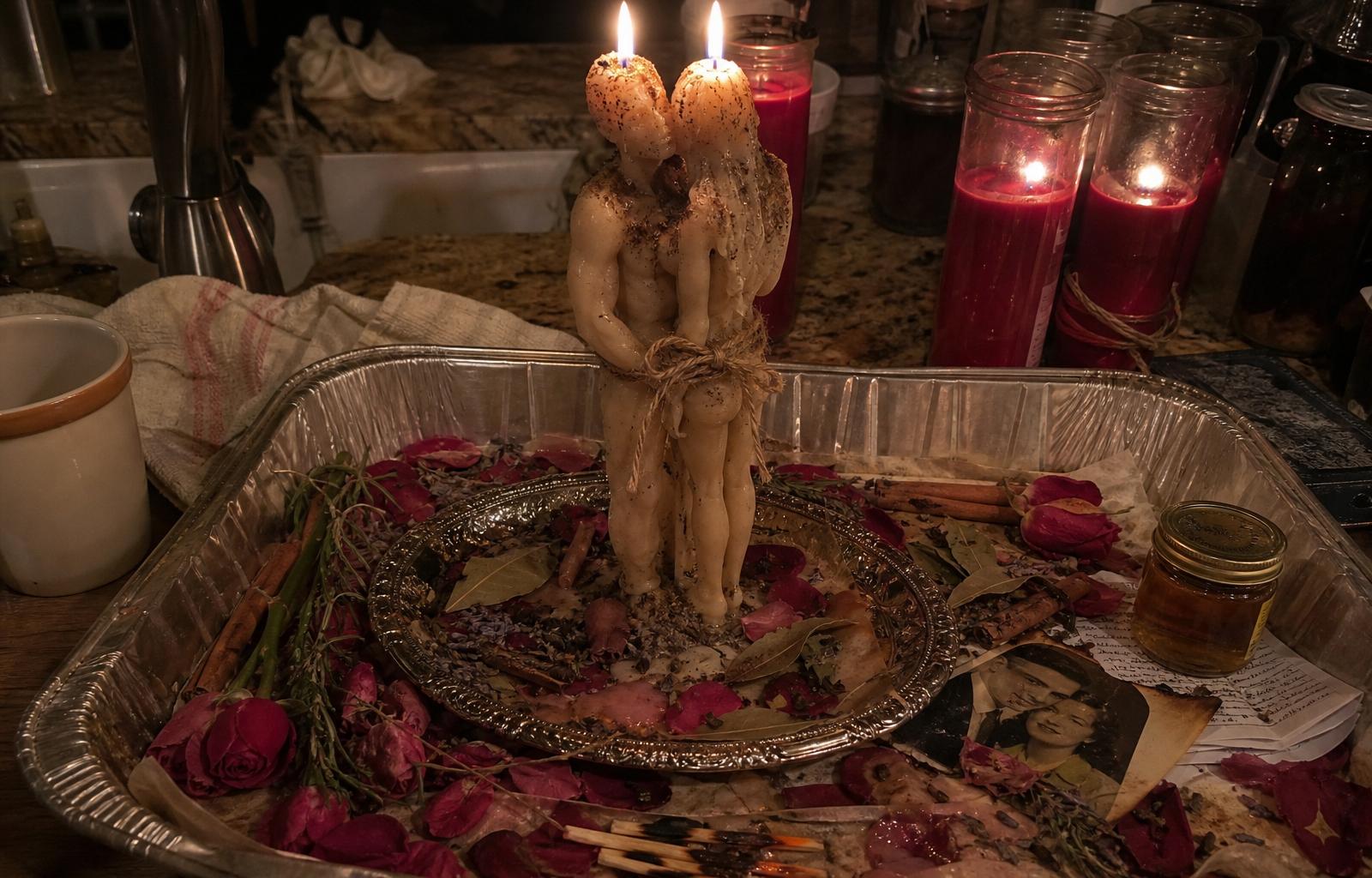 Beth Woods' working altar — joined lovers figure candle bound in jute twine, dressed in herbs and cinnamon, set in an aluminum pan over a bed of rose petals, bay, lavender, cloves, honey jar, petition paper and a singed couple photograph, red vigil candles burning in the background of a lived-in kitchen.
